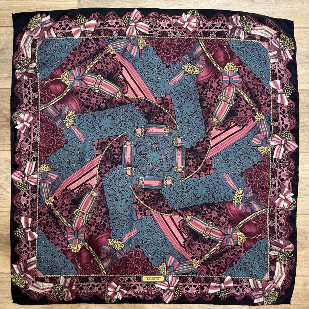 Vintage Express Square Silk Scarf Black Burgundy‎ Lace Bow Chain Dark Coquette